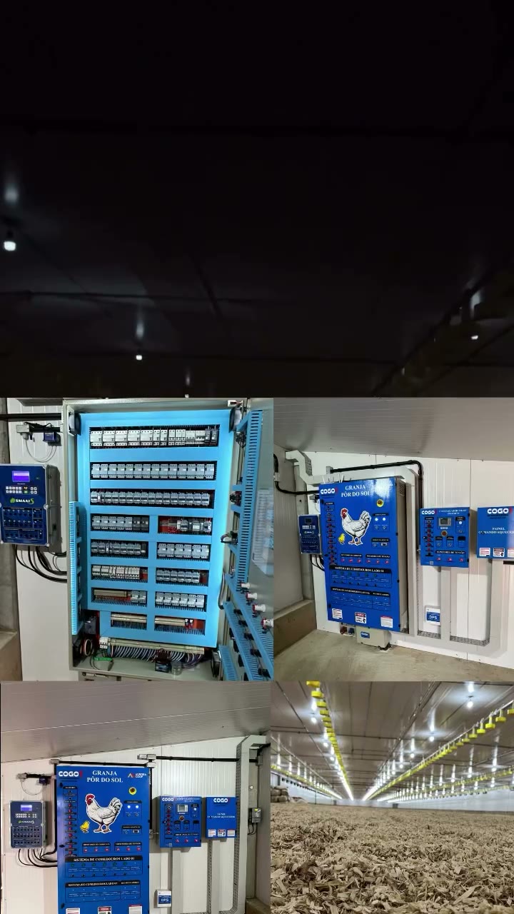 Instalação Cogo com painéis, ventilação e alimentação em um aviário