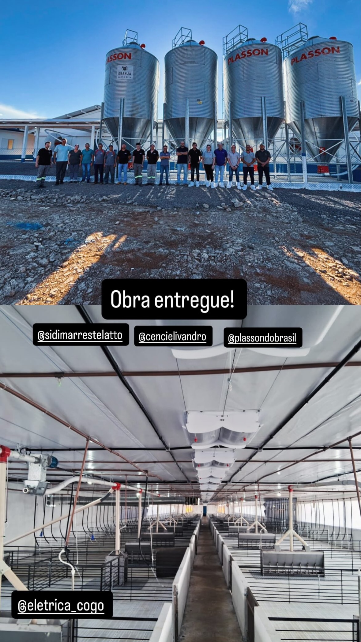 Equipe em frente aos silos e interior de um aviário entregue pela Cogo